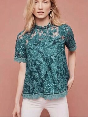 HD in Paris Anthropologie Teal Lace Short-Sleeve Blouse romantic,fairy core,